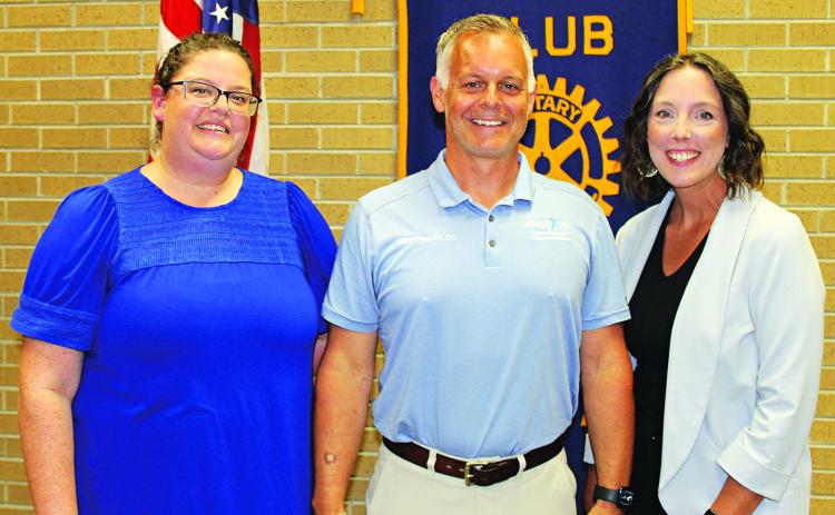 Michael Driggs, a physical therapist at Rehab Xcel was the guest speaker Wednesday at the Eunice Rotary Club. From left are Erika Fontenot, Rotary president; Driggs; and Andrea Chachere, a Rotarian and board member. Driggs was the guest of Chachere. (Photo by Myra Miller)