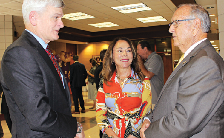 Senator Bill Cassidy, LSUE Chancellor Nancee Sorenson and LSU Board of Supervisor Wayne Brown chat prior to Cassidy’s announcement in LSUE’s Health Allied & Science building. Senator Cassidy presented a $1 million grant to the Health Allied & Science department. The grant includes buying  virtual dissection and physiology simulation. (Photo by Myra Miller)
