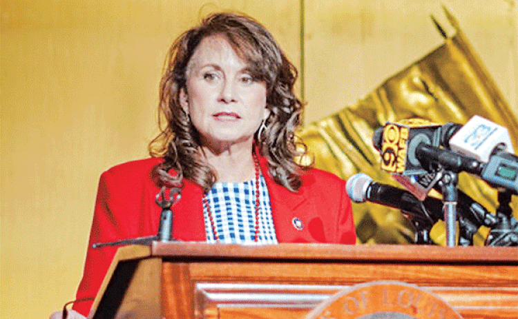 Liz Murrill speaks to reporters after qualifying for the 2023 election for Louisiana attorney general. (Matthew Perschall/Louisiana Illuminator)
