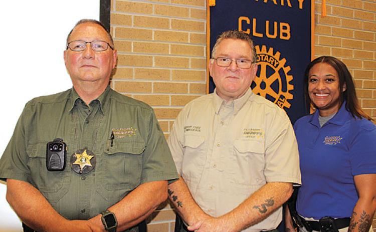 Speakers at the Eunice Rotary Club meeting were, from left, Sgt. Eric Reed, Deputy Chief Eddie Thibodeaux and Sgt. Karen Frilot. All of from the St. Landry Sherif’s Office. (Photo by Myra Miller)