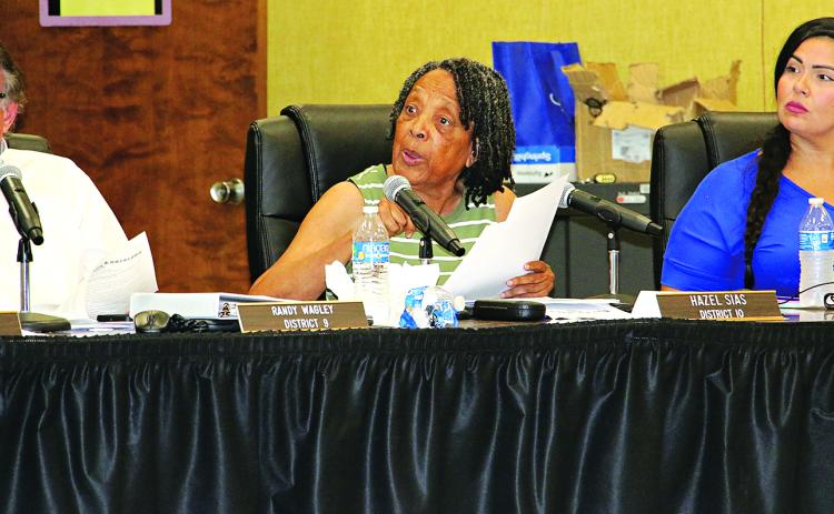 St. Landry Parish School Board members, from left, Randy Wagley, Hazel Sias and Tiffany Nolan at Monday’s committee of the whote meeting. (Photo by Harlan Kirgan)