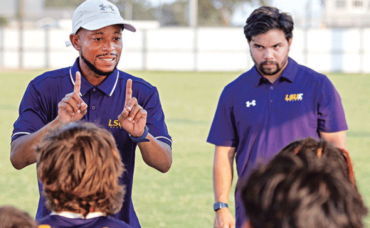 From left, LSUE head soccer coach John Plumbar and assistant Braeden Hoppough during a recent preseason game. (LSUE photo)