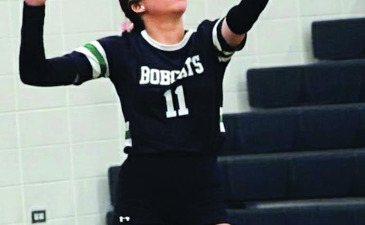 Eunice High junior Vivian Fontenot serves during the Tom Dodge Memorial Jamboree on Wednesday night at Eunice High. (Photo by Rhett Manuel)