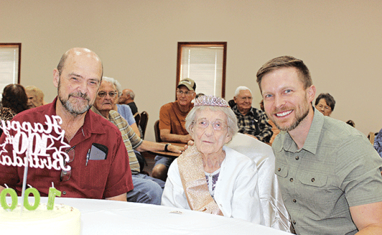 Hazel Reeves celebrated her 100th birthday Aug. 20, and again with her friends at First Baptist Church Thursday. From left, are Neil Reeves of Eunice, a son; Reeves; and the Rev. Andrew Bates, pastor of First Baptist Church. (Photo by Myra Miller)