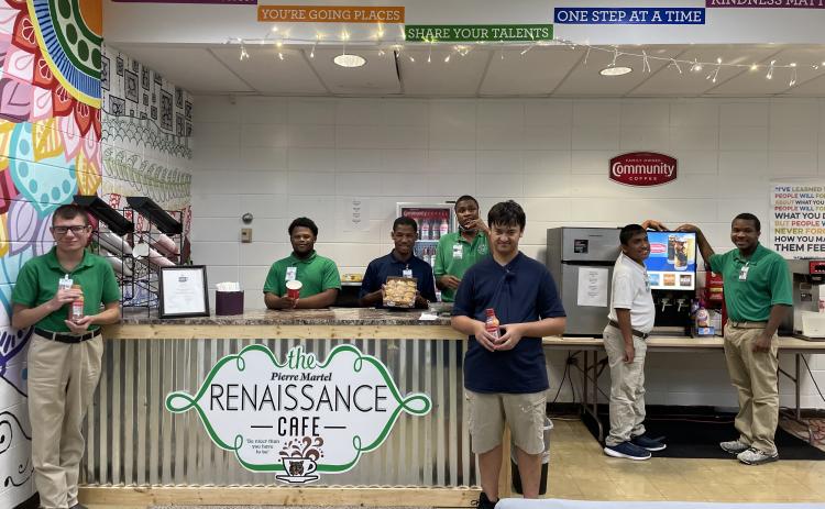 Eunice High’s special education department has undertaken a new fundraising project running the Community Coffee Cafe in the school’s Pierre Martel Renaissance Cafe. From left, are Michael Godeaux, Dacorey Jackson, Brian Monday, Christopher Moore, Ethan Fidler, Yhair Velazquez and Oncealom Goodwin. (Submitted photo)
