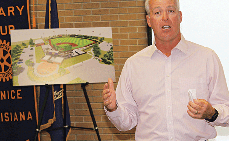 Jeff Willis, LSUE athletic director and head baseball coach, explains the plan for a new Bengal Baseball Stadium to the Eunice Rotary Club on Wednesday, (Photo by Myra Miller)