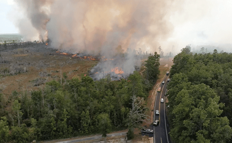 An image of a wildfire in Beauregard Parish from drone video taken Saturday. (Louisiana State Police)