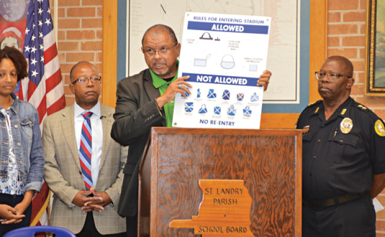 Safety and security measures for the St. Landry Parish School Board athletic events were announced Thursday. From left, are Clarissa Johnson, St. Landry Parish athletic director;  superintendent Patrick Jenkins, superintendent; Julius Alcindor, Opelousas mayor; and Martin McClendon, Opelousas police chief. (Photo by Tom Dodge)