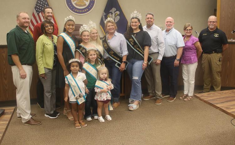 Eunice royalty were recognized at the Sept. 9 Eunice Mayor and Board of Aldermen meeting. Front, from left, are Toddler Miss Eunice Julia Bellard, Little Miss Eunice Paisley Bordelon, and Tiny Miss Eunice Evelyn Doucet. In back, from left, are Alderman Randall Reed, Alderwoman Germaine Simpson, Alderman Chad Andrepont, Deb Miss Eunice Ava’ Claire Thomas, Junior Miss Eunice Elizabeth Kathryn Reed, Teen Miss Eunice Gracie Lou Oliver, Ms. Eunice Nichole Young-David, Miss Eunice Samantha Gobert, Mayor Scott Fon