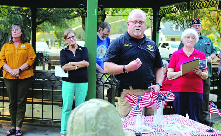 Eunice Police Chief Kyle LeBouef speaks at the 911 ceremony at the Eunice Circle Park. Turn to Page 12 for an additional 911 photo. (Photo by Myra Miller)
