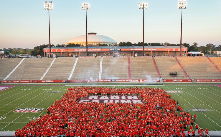 Incoming freshmen gather at Cajun Field in August following New Student Convocation. UL Lafayette enrolled a total of 3,066 first-time freshmen for the Fall 2023 semester, a 6.3% increase over last fall. (Photo credit: Doug Dugas / University of Louisiana at Lafayette)