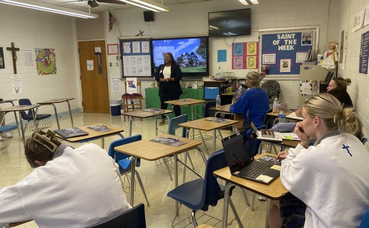 Mychell Lewis, admissions counselor and recruiter with LA Tech, was on campus at St. Edmund High.