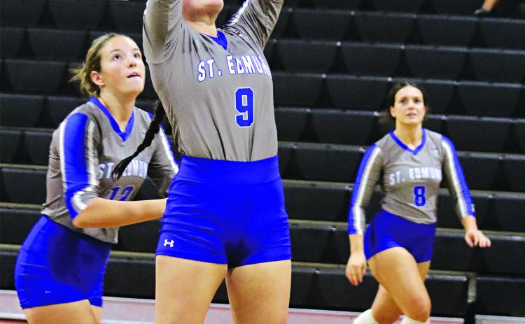St. Edmund defeated Opelousas High in volleyball. From left, are, from left, Laura Kate Miller, Emma Myers and Millie Miller. (Photo by Amy Myers)