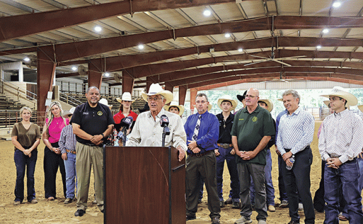 Daniel Lyons speaks at the news conference held Oct. 5 at the St. Landry Parish Ag Arena announcing an April rodeo. (Submitted photo)