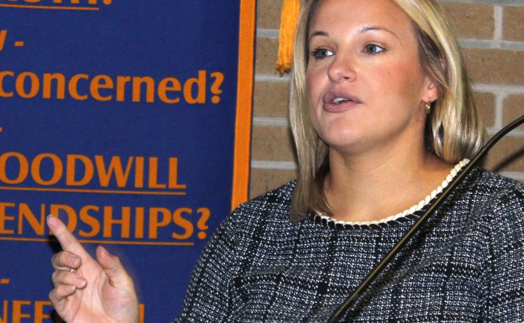 Alicia Mire explained the downtown plan at the Eunice Rotary Club meeting Wednesday. Mire is Main Street director. (Photo by Myra Miller)