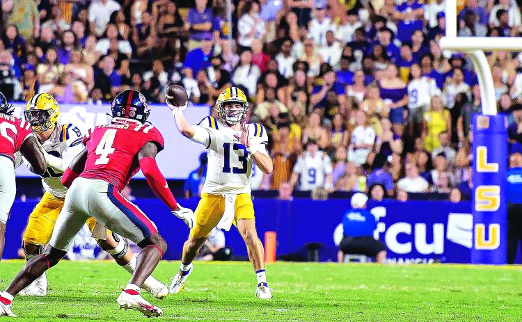LSU quarterback Garrett Nussmeier in action against Ole Miss on Saturday in Baton Rouge. (Photo by Dwight Jodon)