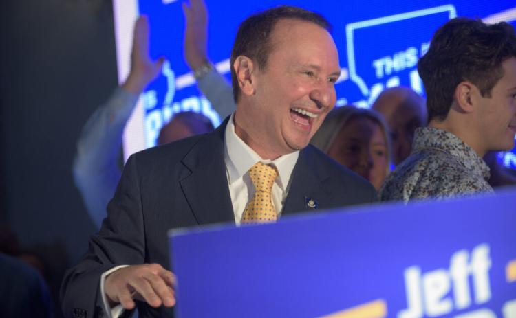 Louisiana Gov.-elect Jeff Landry greets supporters Oct. 14 at The Ballroom in Broussard after claiming an outright win in the primary election. (Travis Gauthier for Louisiana Illuminator)