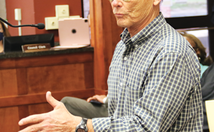 Lafayette attorney Bill Goodall speaks at the St. Landry Parish Council meeting in Opelousas on Oct. 20 about a suit to clean up the Mar Services site south of Cankton. (Photo by Harlan Kirgan/The Eunice News)