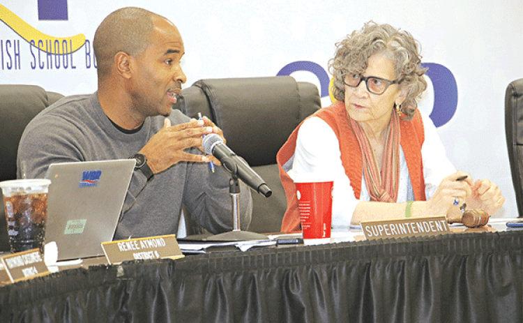 St. Landry Parish School Superintendent Milton Batiste III, left, and School Board President Mary Ellen Donatto at Saturday’s Board retreat to discuss consolidation. (Photo by Harlan Kirgan)