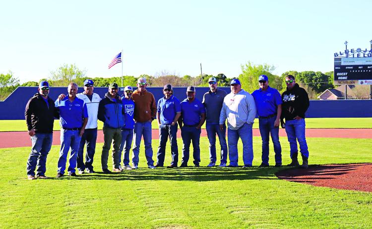 The St. Edmund Blue Jay Baseball team honored a “Championship Legacy” before Thursday’s game, March 12 against Bunkie. The 1996 St. Edmund Blue Jay State Championship Team was introduced and coaches and players that were able to attend gathered on the infield. The team, coached by Scotty Richard, was the fifth of the sixth state titles in program history. The team defeated St. John to win the 1996 title. From left are coaches and players David Comeaux, Thad Richard, Scotty Richard, Nicky Miller, Tim Fonteno