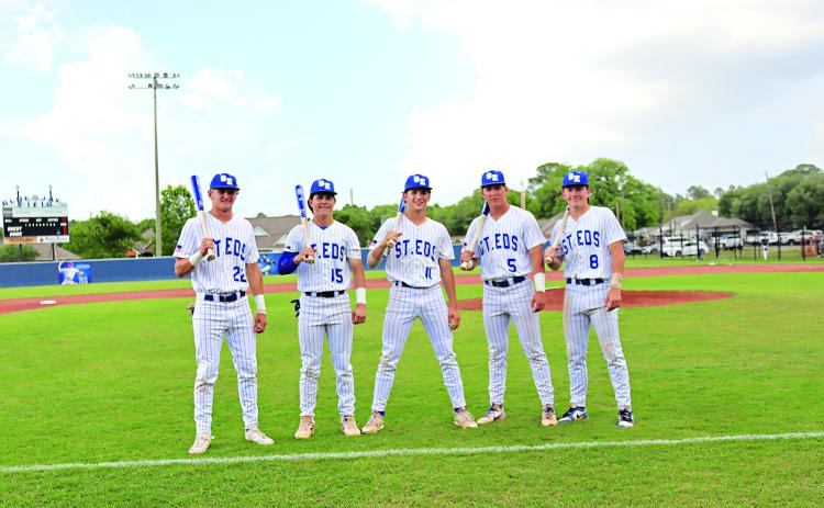 St. Edmund High School honored its senior baseball players Wednesday, April 1 at the St. Ed field. From left are Wyatt Dubois, Peyton Vezina, Owen Cart, Clay Aguillard and Lannie Reed. (Photo by Amy Myers)