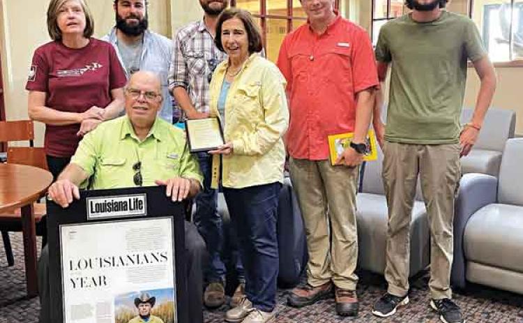 Front, from left, are  Dr. Malcolm Vidrine, PhD, Louisianian Conservationist of the Year, and Margaret Frey, Volunteer Recognition Award. Back, from left, are Annette Parker, Society outgoing president, Steve Nevitt, CPHPS president, Colby LeJeune, Society vice president, John Michael Kelley, speaker and Eric Van Bergen, Ascension Episcopal School Cajun Prairie Project. (Submitted photo)