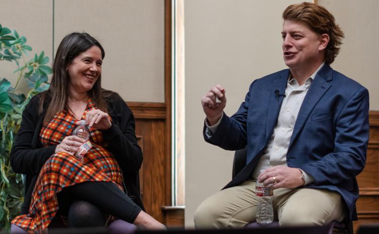 Washington reporters Ashley Parker and Michael C. Bender talked about covering President Trump. (Photos by Matthew Perschall/LSU Manship School News Service)
