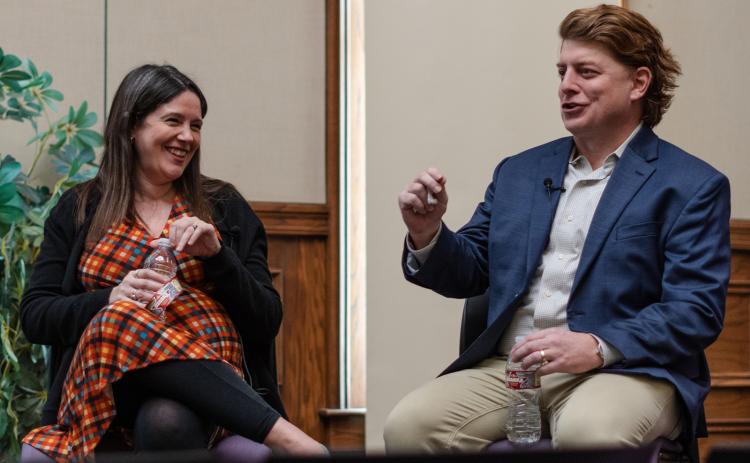 Washington reporters Ashley Parker and Michael C. Bender talked about covering President Trump. (Photos by Matthew Perschall/LSU Manship School News Service)