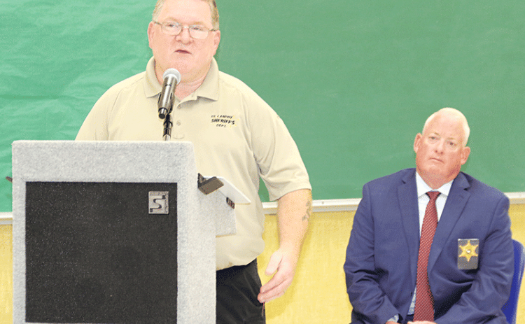 St. Landry Parish Sheriff Chief Deputy Eddie Thibodeaux, left, Sgt. Thomas Kimrey spoke at the St. Landry Parish School Board Executive Committee meeting on school safety on Monday. (Photo by Harlan Kirgan)