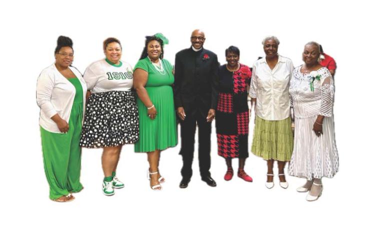 Members of NAUW-Eunice Branch attended church service at the Greater Outreach Ministries Worship Center in Eunice and presented gifts to the pastor. From left, are Rochelle Milton, Chrystal R. Wiley, Shelsy Williams, branch president; Rev. and Mrs. Luke Johnson at Greater Outreach Ministries Worship Center in Eunice, Carolyn Baldwin and Lelia Adams. (Submitted photos)