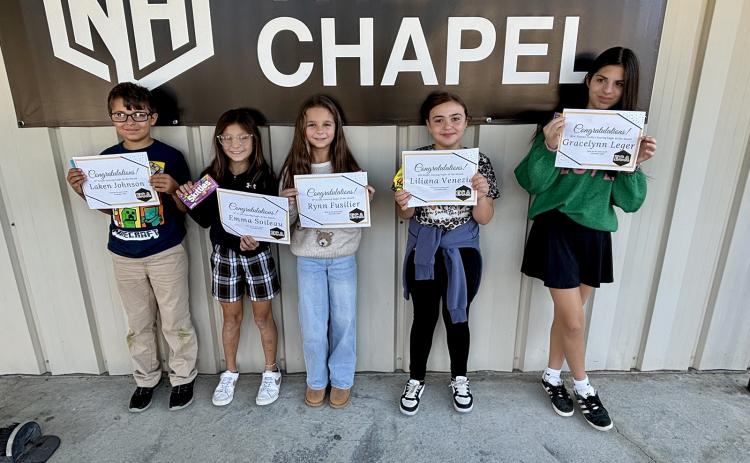 At Eunice Christian Academy, the school routinely celebrates its scholars who consistently exemplify positive behavior and all of the Fruits of the Spirit. These students are honored as “Eagles of the Month.” Students who have shown significant growth and improvement in academics, behavior, and character are awarded the title of “Soaring Eagle.” Soaring Eagles of the Month for November at Eunice Christian Academy are, from left, Laken Johnson, Emma Soileau, Rynn Fuselier, Liliana Venezia and Gracelynn Leger