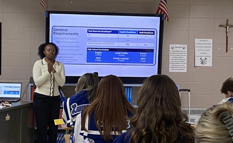 D’Ondra King, admissions counselor with McNeese State University, presented valuable information to St. Edmund High School seniors.