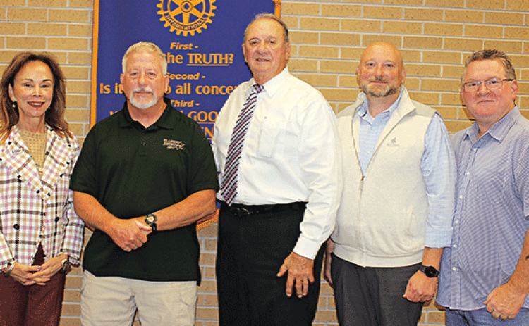 St. Landry Parish Sheriff Bobby Guidroz and guests were part of the meeting at the Rotary Club Wednesday. From left are Chancellor Nancy Sorenson, president; Arthur Castille, community outreach St. Landry Parish Sheriff; Guidroz, Shane Garrard, St. Landry Parish Sheriff IT administrator; and Deputy Chief Eddie Thibodeaux. (Photos by Myra Miller)
