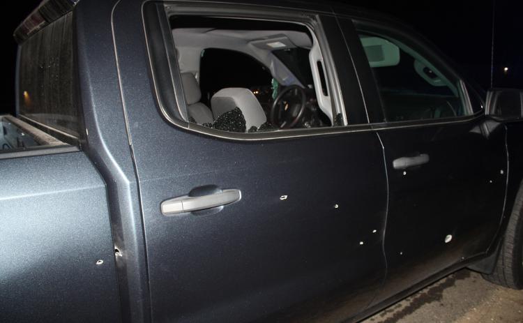 The St. Landry Crime Stoppers photo shows a bullet-riddled pickup truck after a shooting on Moonlight Road in the Lawtell-Lewisburg area.