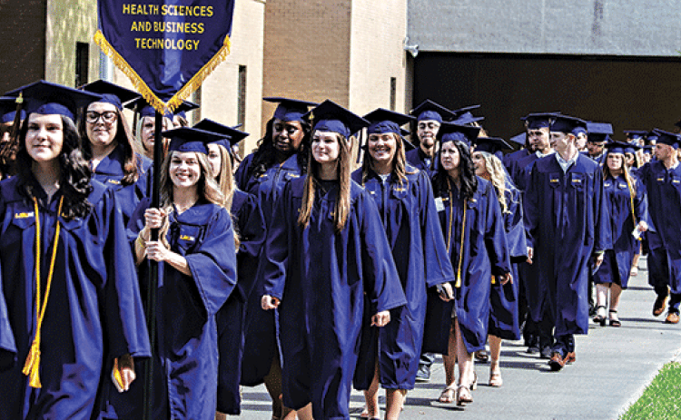 A procession at an LSUE graduation day. LSUE leads the state in producing students that go on to transfer to a four-year institution, according to a report by the U.S. Department of Education.  (LSUE photo)