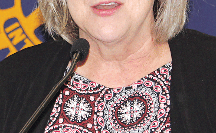 Jerrie LeDoux spoke to the Eunice Rotary Club about Rep. Mike Johnson’s new job as House speaker. LeDoux is Johnson community liaison. (Photo by Myra Miller)