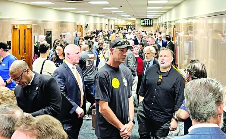 Hundreds of film industry workers pack the halls of the Louisiana Senate chamber to show support for the Motion Picture tax credit. (Photo credit: Wes Muller/Louisiana Illuminator)