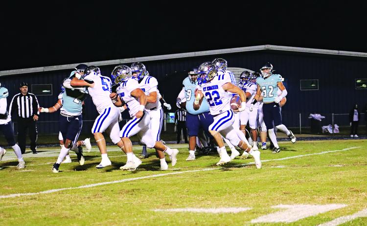 St. Edmund Blue Jay Wyatt Dubois, wide receiver and safety, runs the ball Friday evening against Westminster. The St. Ed Blue Jays lost 52-22 to Westminster Christian Academy in the Division IV Select quarterfinals at Crusader Field. (Photo by Amy Myers)