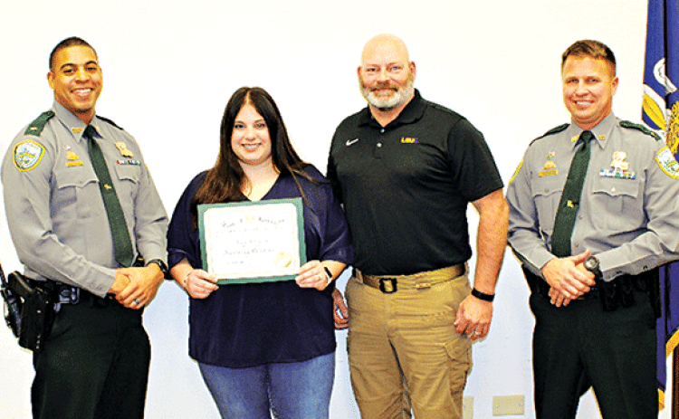 LSU Eunice student Jacie Bernard recently completed an internship program with the Louisiana Department of Wildlife and Fisheries (LDWF), it was announced last week.  Bernard received a certificate of completion by the LDWF. The Washington native and LSUE Criminal Justice major, was one of students statewide to complete the internship this fall. The 15-week program exposes interns to various facets of a career as a conservation law enforcement officer.  Students participate in hunting and fishing regulatory