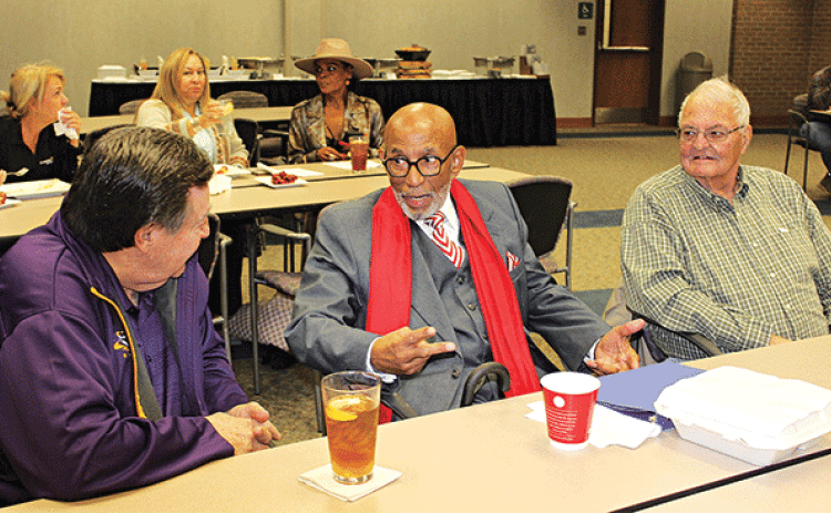 At Wednesday’s Eunice Rotary Club meeting, from left, Ellis Daigle, club president, Elbert Lee Guillory, guest speaker, and club member Bob Soileau. (Photo by Myra Miller)