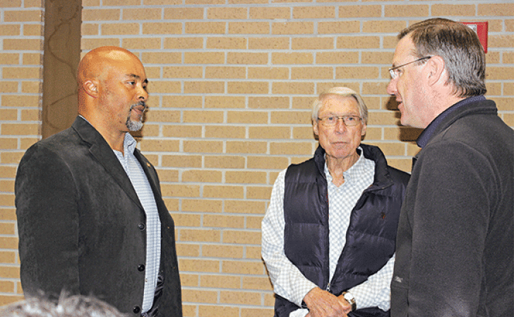 At the Eunice Rotary Club meeting, from left, are speaker Linus Jordan, and club members Donald Mayeux and Dwight Jodon. (Photo by Myra Miller)