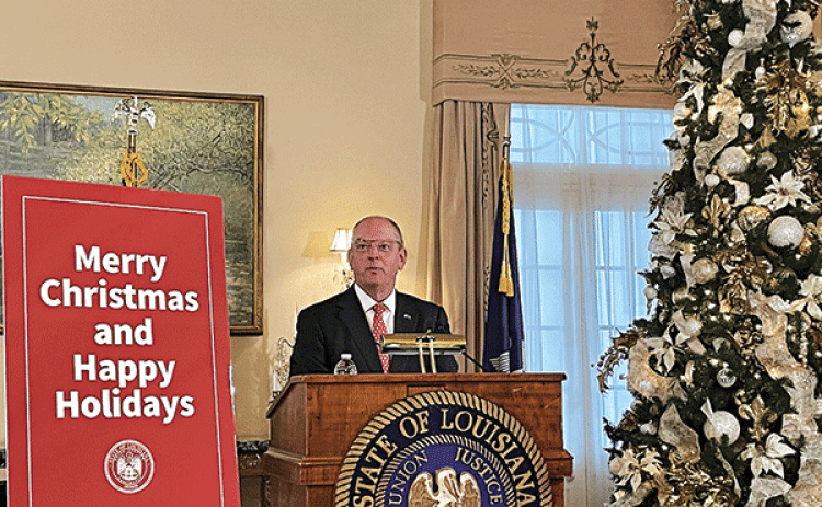 Louisiana Gov. John Bel Edwards gives his annual end-of-year press conference at the Governor’s Mansion. (Photo by Piper Hutchinson/Louisiana Illuminator)
