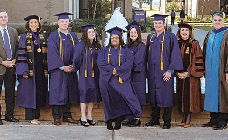 Graduating Summa Cum Laude honors with a grade point average of 3.8 to 4.0 are, from left, Tyler Thibodeaux, Haley Marie Harrison Lange, Wilda Agnus Boutte, Maria Diane Gallent-Smilie, Adam Scott Dore.  The graduates are pictured with, from left, Dwight Jodon, Chancellor’s Medal recipient; Valencia Sarpy Jones, LSU Board of Supervisors chairperson; Dr. Nancee Sorenson, LSU Eunice chancellor; Dr. John Hamlin, vice chancellor of Academic Affairs. (Photos courtesy of LSUE)