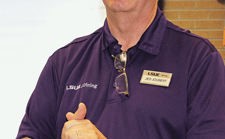 Jed Joubert, food service manager at LSUE, was the guest speaker Wednesday at the Eunice Rotary Club meeting. (Photo by Myra Miller)