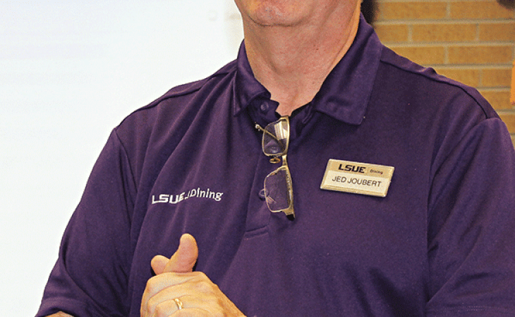Jed Joubert, food service manager at LSUE, was the guest speaker Wednesday at the Eunice Rotary Club meeting. (Photo by Myra Miller)