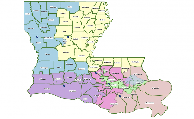 This map shows what would be the new boundaries of the state’s six congressional districts as approved by the Legislature Friday.  Courtesy of the Louisiana House of Representatives