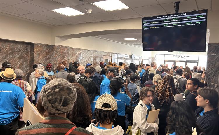 Protesters filled the ground floor of the state Capitol last Tuesday during hearings on stricter crime laws. (LSU Manship School News Service photo)