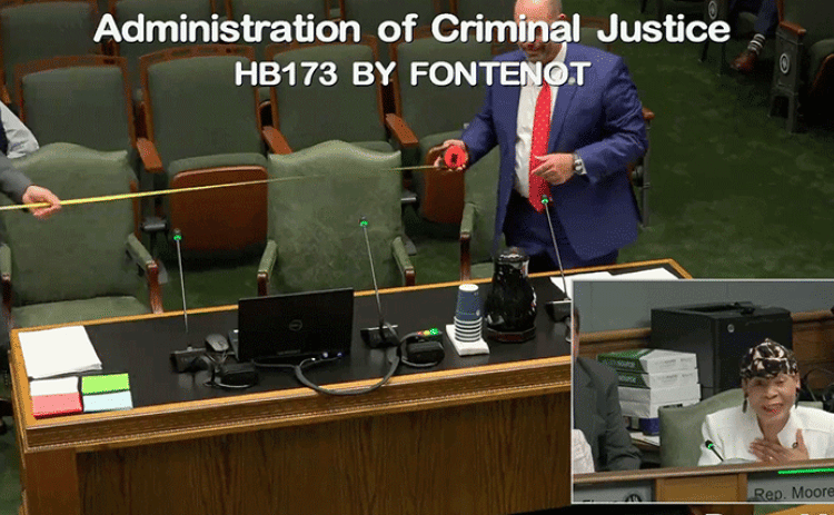 Rep. Bryan Fontenot measured off the 25 feet that his bill would let police officers demand from bystanders.  Photo credit: Madison Maronge/LSU Manship School News Service