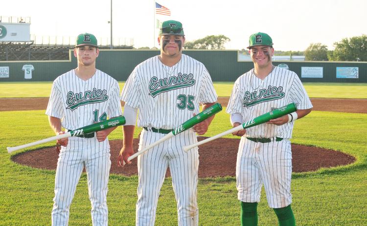 Eunice High senior baseball players, from left, are Caleb Domingue, Dylan Darbonne and Price Myers. (Photo by Tom Dodge)