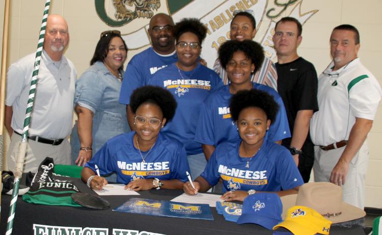 Eunice High School seniors Allison Freeman and Madison Freeman signed a letter of intent with McNeese State University to join the university’s track and field team. Allison was rewarded with an academic and athletic scholarship, and Madison was awarded with a partial athletic and academic scholarship. Allison will pursue a degree in mechanical engineering and Madison will pursue a nursing degree. The Freemans are the daughters of Brandon and Kimberley Freeman of Eunice. Seated, from left, are Madison Freem